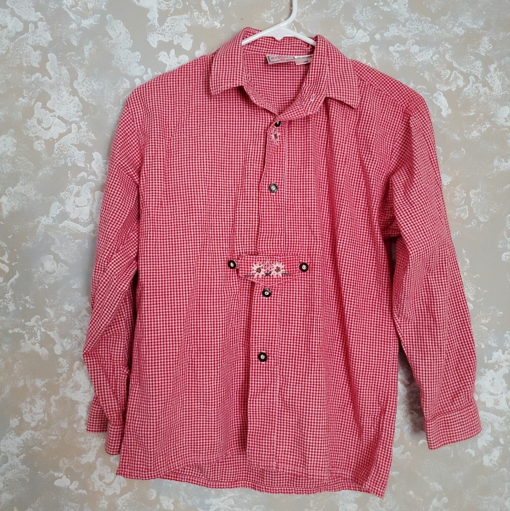 Isar TRACHTEN red Plaid Embroidered flower German Blouse Traditional 152